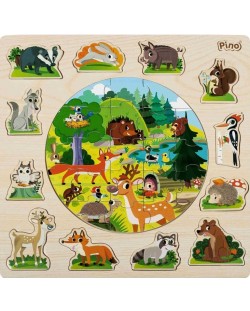 Puzzle 2 in 1 din lemn pentru copii Pino - Animale de padure, 33  piese