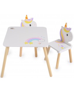Set din lemn Moni Toys - Masa si doua scaune, unicorn