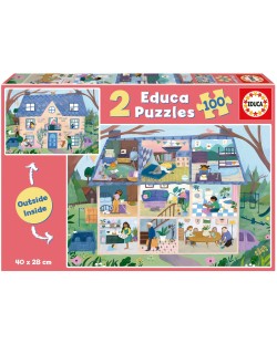 Puzzle pentrucopii Educa din 2 x 100 de piese - Casa în exterior și interior