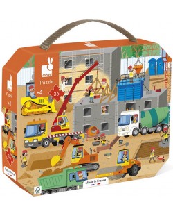 Puzzle pentru copii intr-o valiza Janod - Santier, 36 piese