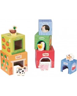 Set pentru copii Lelin Toys - Cuburi de carton cu animale din lemn
