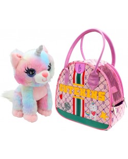 Jucarie pentru copii Funville CuteKins - Pisica-unicorn in geanta, Rainbow