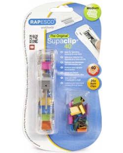 Dispenser clipsuri Rapesco - Supaclip, pentru 40 file, cu 25 clipsuri colorate