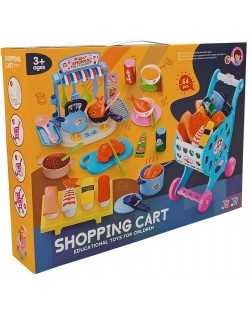 Set de joc Raya Toys - Cărucior de piață cu bucătărie, 64 de piese, albastru