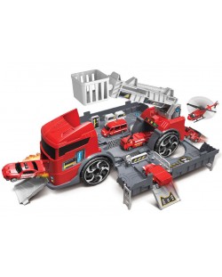 Set de joaca Super Storage - Parcare de pompieri in camion, cu doua masinute