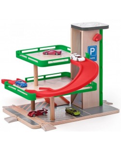 Set de joaca Woody - Garaj din lemn cu masinute metalice