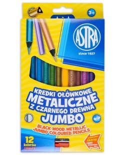 Creioane Jumbo colorate Astra -12 culori metalice, din lemn negru, cu ascutitoare