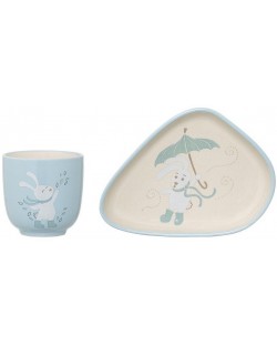 Set din ceramica Bloomingville Bunny - Pahar si farfurie, albastre