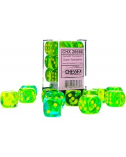 Set de zaruri Chessex Gemini - Translucent Green-Teal/Yellow, 36 bucăți