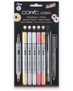 Set de markere  Too Copic Ciao - Nuante pastel, 5 culori + 1 negru multi liner, 0.3 mm