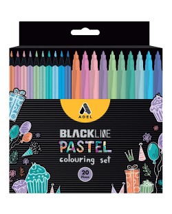Set de colorat Adel BlackLine - 10 creioane și 10 stilouri cu vârf de pâslă, creioane colorate