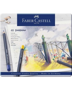 Set de creioane colorate Faber-Castell Goldfaber - 48 culori, într-o cutie metalică