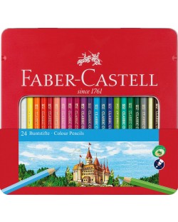 Set de creioane colorate Faber-Castell Castle - 24 bucati, cutie metalica