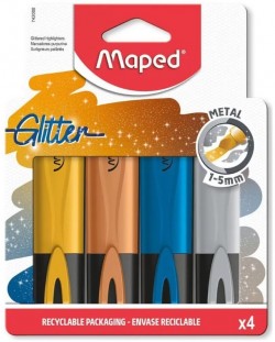Maped - Set de markere metalice Fluo Glitter, 4 culori