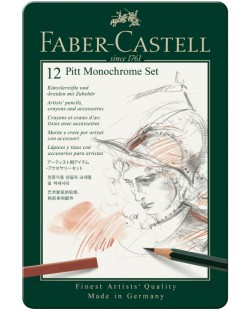 Set de creioane Faber-Castell Pitt Monochrome - 12 bucăți, în cutie metalică