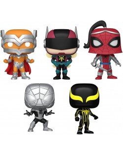 Un set de figuri Funko POP! Marvel: Spider-Man - Prodigy, The Hornet, Prince of Arachne, Spider-Armor MK I, Spider-Armor MK II (Amazon Exclusive)