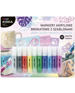 Kidea Shiny Markers Set - Acrilic, 10 culori, cu șabloane 