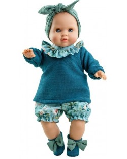 Papusa-bebelus Paola Reina Manus - Julia, cu pantaloni inflorati si bluza tricotata albastra, 36 cm