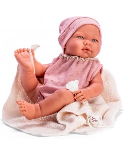Păpușă bebeluș Asi Dolls - Maria, cu bodiul roz și pătură bej, 43 cm
