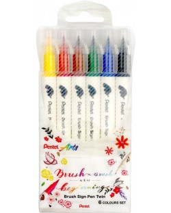 Pensula marker Pentel Sign Pen Twin - 6 culori