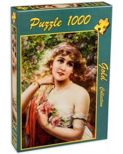 Puzzle Gold Puzzle de  1000 piese - Tanara doamna cu trandafir