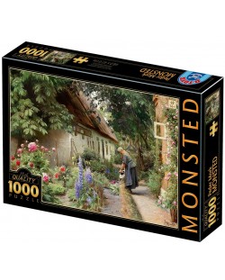 Puzzle  D-Toys de 1000 piese - An Old Woman Watering the Flowers Behind a Thatched Farmhouse