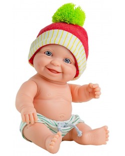 Papusa-bebe Paola Reina Los Peques - Greg, cu caciula rosie cu pompon verde, 21 cm