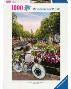 Puzzle Ravensburger din 1000 piese - Bicicletă și flori în Amsterdam