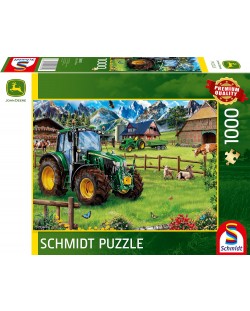 Puzzle Schmidt de 1000 de piese - Pășune alpină cu tractorul John Deere 6120M 