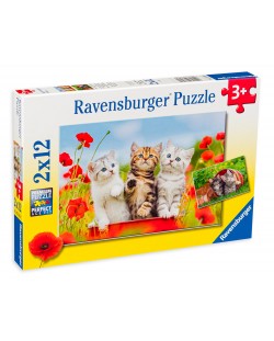 Puzzle Ravensburger din 2 x 12 piese -  Aventurile pisoilor