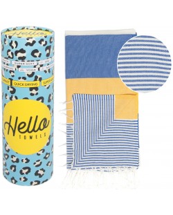 Prosop de plajă în cutie Hello Towels - Palermo, 100 x 180 cm, 100% bumbac, galben-albastru