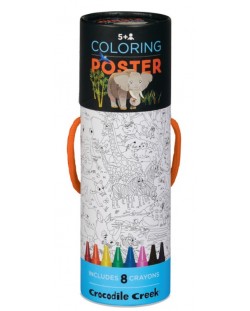 Poster de colorat Crocodile Creek - Animale din junglă, 8 creioane colorate