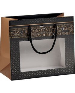 Sacosa de cadou Giftpack Savoureux - 20 x 10 x 17  cm, negru si cupru, fereastra PVC