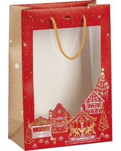 Pungă cadou Giftpack Bonnes Fêtes - Roșie, 29 cm, fereastră PVC