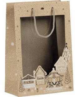 Pungă cadou Giftpack Bonnes Fêtes - Kraft, 29 cm, fereastră PVC