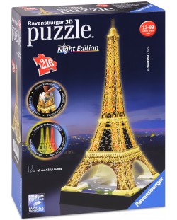 Puzzle 3D Ravensburger de 216 piese - Turnul Eiffel 3D cu lumini