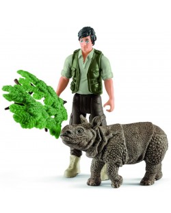 Set figurine Schleich Wild Life - Ranger cu un rinocer indian