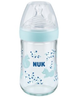 Biberon din sticla  Nuk - Nature Sense, tetina din silicon М, 240 ml, albastru