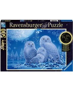 Puzzle luminos Ravensburger din 500 de piese - Bufnițe în lumina lunii