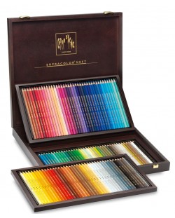 Creioane acuarela colorate Caran d'Ache Supercolor - 120 de culori, cutie din lemn