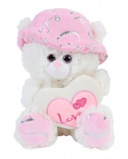 Jucarie de plus Morgenroth Plusch - Ursulet alb cu sapca roz, 19 cm