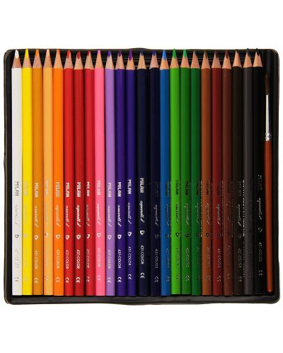 Creioane acuarele colorate triunghiulare Milan – 24 culori, cu pensula, varf Ø 2.9 mm - 2
