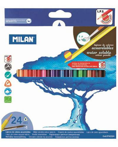 Creioane acuarele colorate triunghiulare Milan – 24 culori, cu pensula, varf Ø 2.9 mm - 1