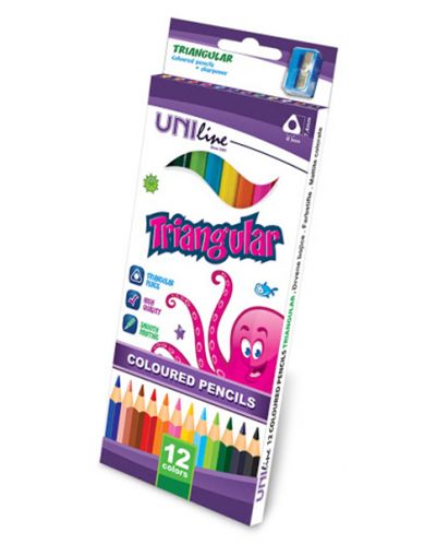 Creioane colorate triunghiulare Uniline - 12 culori, cu ascutitoare - 1