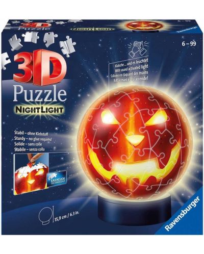 Puzzle 3D Ravensburger din 72 de piese - Dovleac de Halloween luminescent - 1