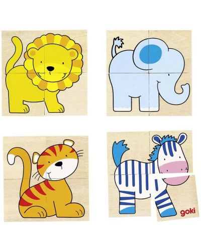 Joc din lemn Goki - Careuri cu zebra, elefant, tigru si leu - 1