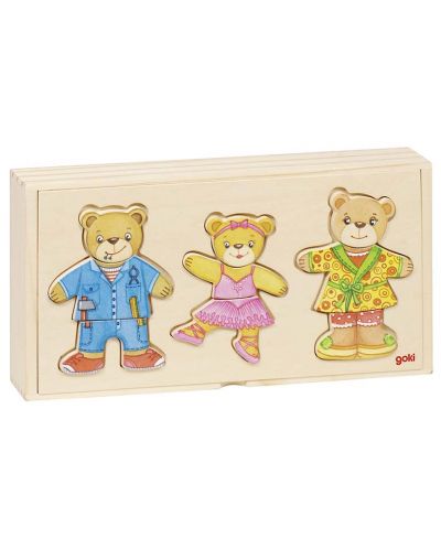 Puzzle din lemn Goki - Ursi de imbracat, tip 2 - 1