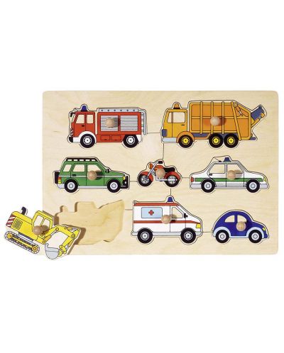Puzzle din lemn cu manere Goki - Mijloace de transport, masini civile - 1