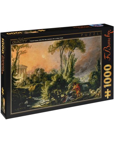 Puzzle D-Toys de 1000 piese - Peisaj fluvial cu templu antic, Francois Boucher - 1