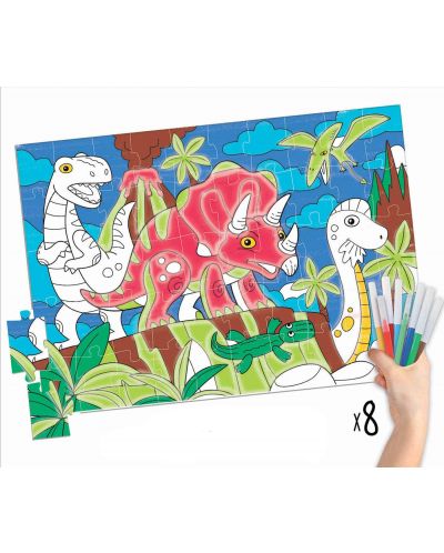 Puzzle de colorat Educa 50 de piese - Dinozauri, cu 8 carioci - 2